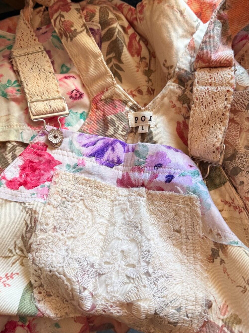 POL Floral Patchwork Corduroy Overalls Jumpsuit Lace Trim Concho Accent | Boho L - Picture 4 of 4